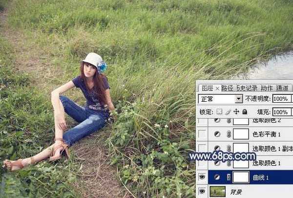 Photoshop将池塘边的人物图片调制成梦幻的蓝黄色效果