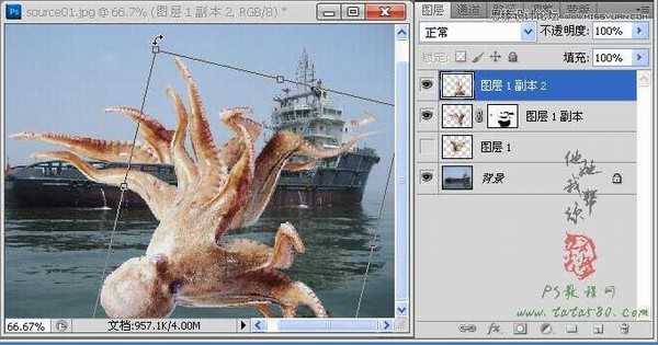 Photoshop合成史前大章鱼袭击轮船效果
