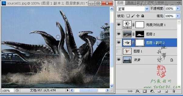 Photoshop合成史前大章鱼袭击轮船效果