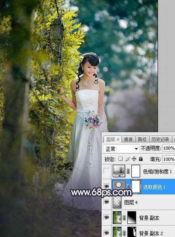 Photoshop将树林婚片打造梦幻的暗调蓝黄色